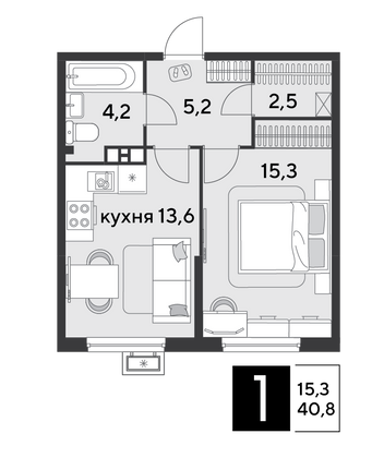 40,8 м², 1-комн. квартира, 3/9 этаж