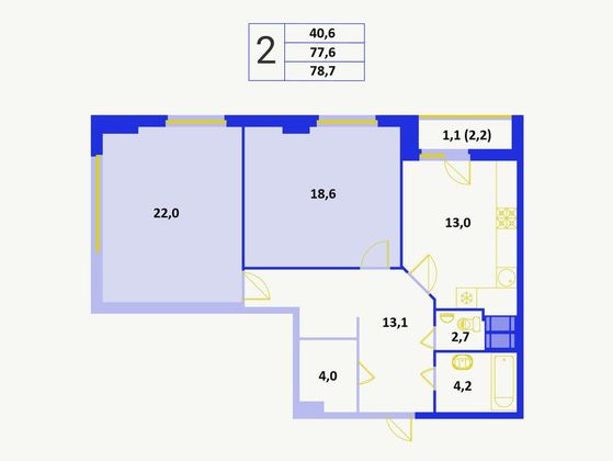 78,7 м², 2-комн. квартира, 5/25 этаж