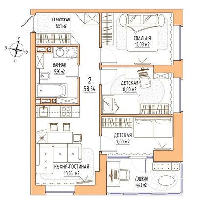 Продажа 2-комнатной квартиры 58,5 м², 7/17 этаж