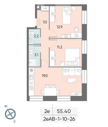 Продажа 2-комнатной квартиры 55,4 м², 19/28 этаж