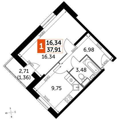 38,1 м², 1-комн. квартира, 1/19 этаж