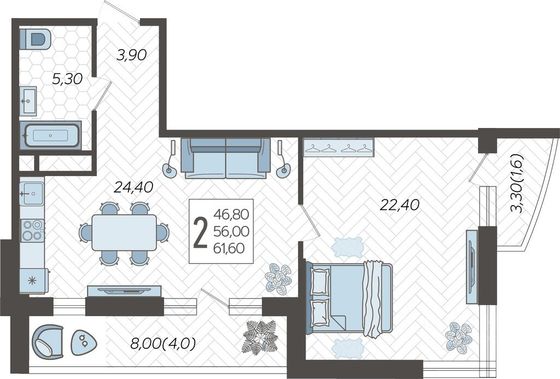 Продажа 2-комнатной квартиры 61,6 м², 10/16 этаж