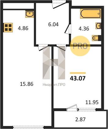 Продажа 1-комнатной квартиры 43,1 м², 24/25 этаж