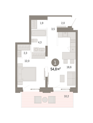 Продажа 1-комнатной квартиры 54,8 м², 2/16 этаж