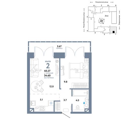 40,3 м², 2-комн. квартира, 8/30 этаж