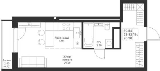 30,5 м², студия, 12/25 этаж