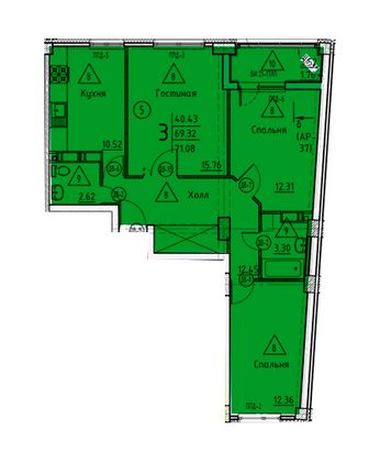 71,1 м², 3-комн. квартира, 2/18 этаж