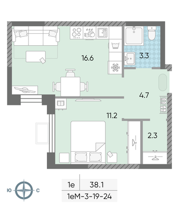 Продажа 1-комнатной квартиры 38,1 м², 23/24 этаж