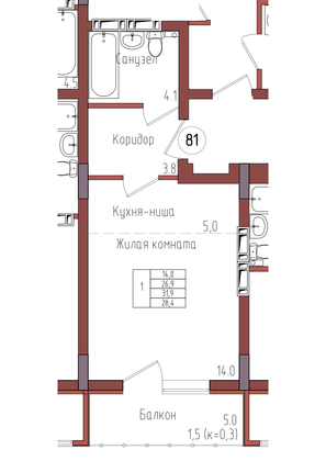 28,4 м², 1-комн. квартира, 2/9 этаж