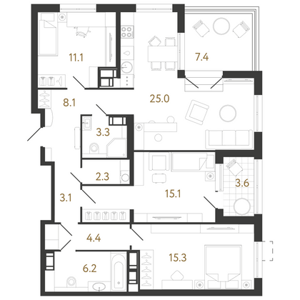 93,9 м², 3-комн. квартира, 22/23 этаж