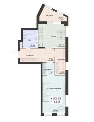 Продажа 1-комнатной квартиры 53,2 м², 9 этаж