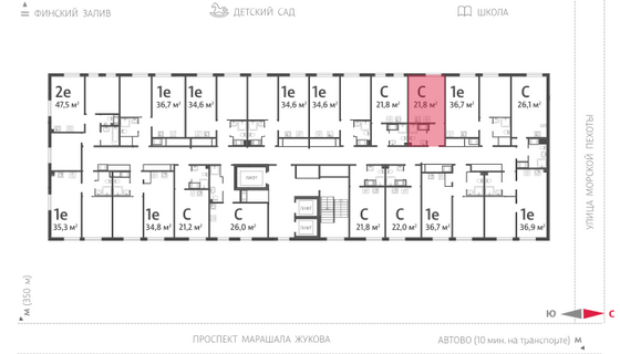 21,8 м², студия, 15/23 этаж