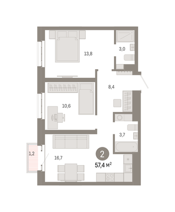 Продажа 2-комнатной квартиры 57,4 м², 10/31 этаж