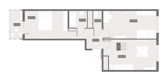 61,8 м², 2-комн. квартира, 3/10 этаж