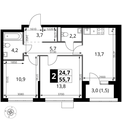 55,7 м², 2-комн. квартира, 10/16 этаж