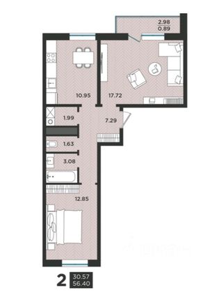 Продажа 2-комнатной квартиры 56,4 м², 1/3 этаж
