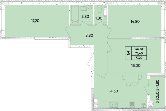 77,2 м², 3-комн. квартира, 5/8 этаж