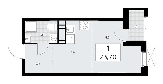 23,7 м², своб. планировка, 14/16 этаж