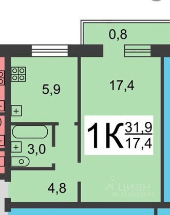 Продажа 1-комнатной квартиры 31,9 м², 5/5 этаж