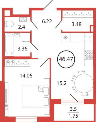 Продажа 1-комнатной квартиры 46,5 м², 2/12 этаж