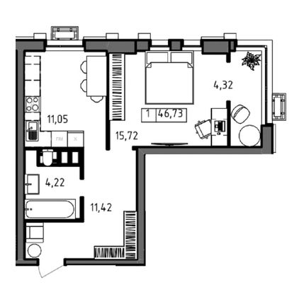Продажа 1-комнатной квартиры 46,7 м², 12/23 этаж