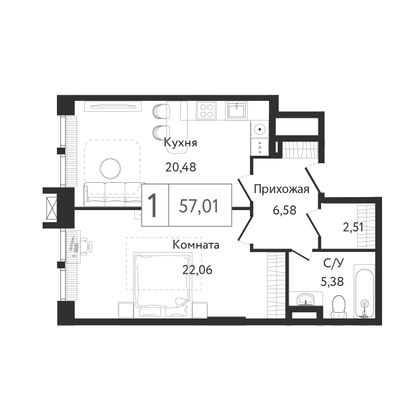 57 м², 1-комн. квартира, 5/24 этаж