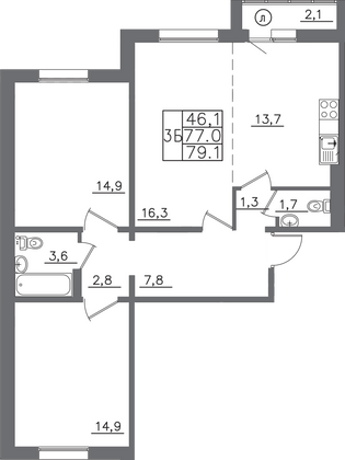 Продажа 3-комнатной квартиры 79,1 м², 8/9 этаж