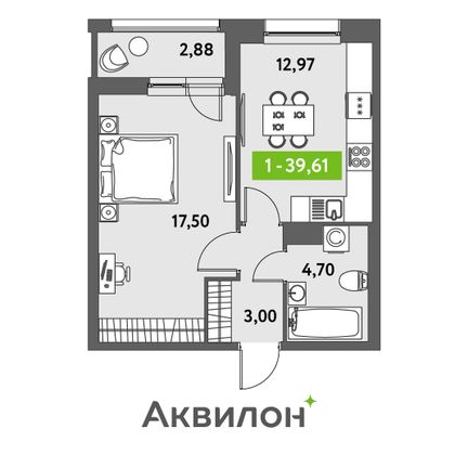 39,6 м², 1-комн. квартира, 6/12 этаж