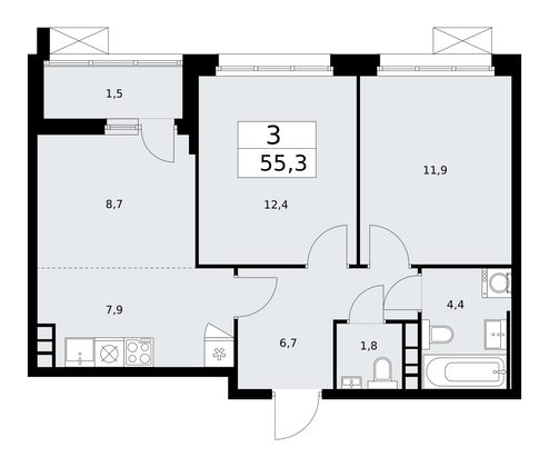 55,3 м², 3-комн. квартира, 4/14 этаж