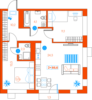 66,6 м², 2-комн. квартира, 8/21 этаж