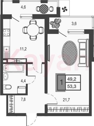 Продажа 1-комнатной квартиры 45,1 м², 20/23 этаж