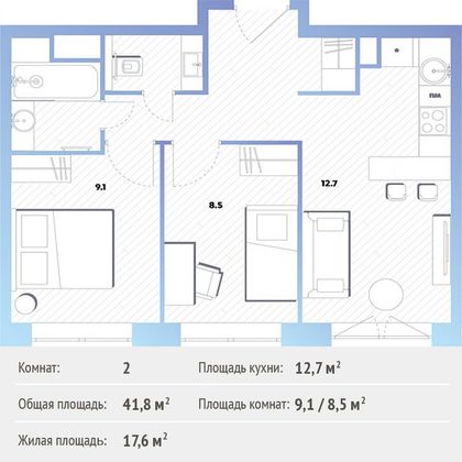 Продажа 2-комнатной квартиры 41,6 м², 7/30 этаж
