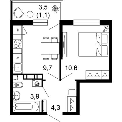 29,6 м², 1-комн. квартира, 2/12 этаж