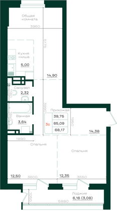 Продажа 3-комнатной квартиры 68,2 м², 2/21 этаж