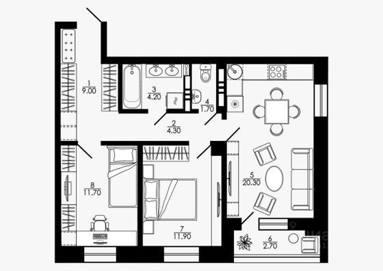 Продажа 2-комнатной квартиры 69,1 м², 4/25 этаж