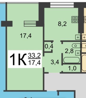 Продажа 1-комнатной квартиры 33,2 м², 6/9 этаж