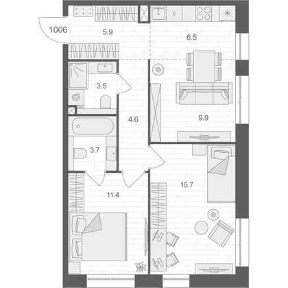 61,2 м², 2-комн. квартира, 10/12 этаж