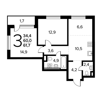 Продажа 3-комнатной квартиры 61,7 м², 2/14 этаж