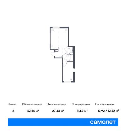 53,9 м², 1-комн. квартира, 1/10 этаж