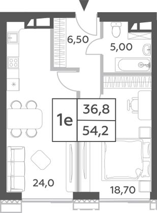 Продажа 1-комнатной квартиры 54,2 м², 39/52 этаж