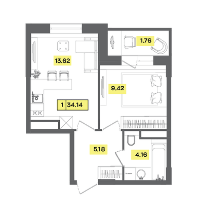 Продажа 2-комнатной квартиры 34,1 м², 7 этаж