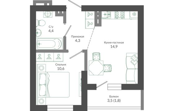 36 м², 1-комн. квартира, 2/12 этаж