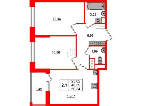 Продажа 2-комнатной квартиры 48,6 м², 12/23 этаж