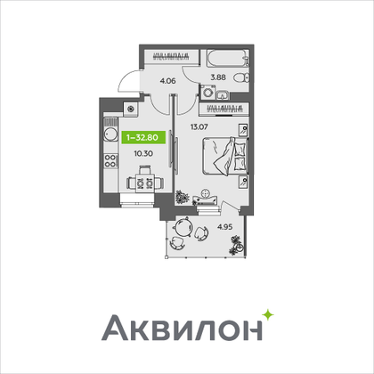 32,8 м², 1-комн. квартира, 6/9 этаж