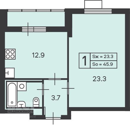 Продажа 1-комнатной квартиры 45,9 м², 22/47 этаж