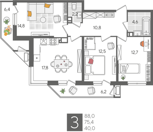 Продажа 3-комнатной квартиры 88 м², 9/24 этаж