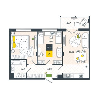 Продажа 2-комнатной квартиры 55,8 м², 6/8 этаж