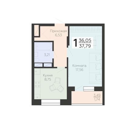 Продажа 1-комнатной квартиры 37,8 м², 3/18 этаж