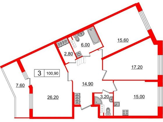 Продажа 3-комнатной квартиры 100,9 м², 6/9 этаж