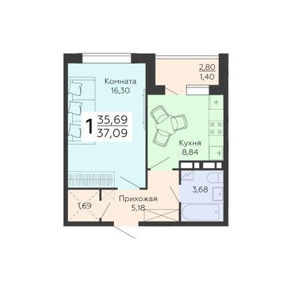 Продажа 1-комнатной квартиры 37,1 м², 14/18 этаж